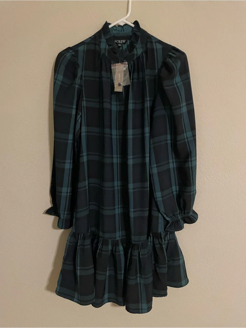 J Crew Green Black Tartan Plaid Ruffle Puff Sleeve Dress Size Small NWT